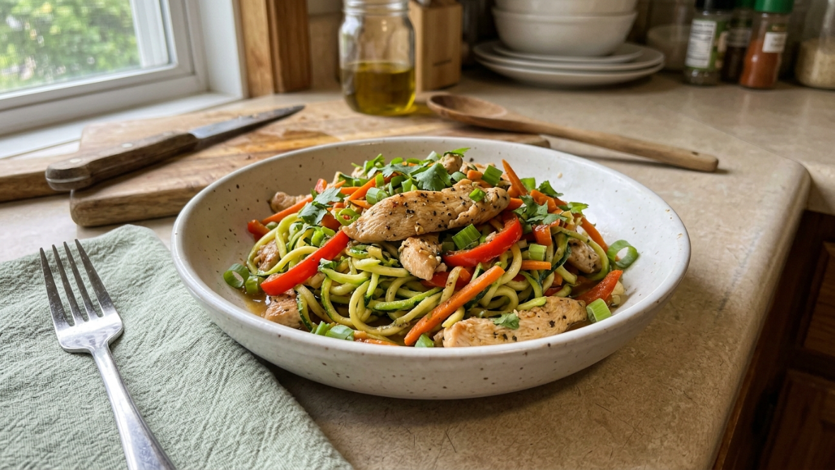 Zucchini noodle stir-fry with garlic chicken in a white bowl