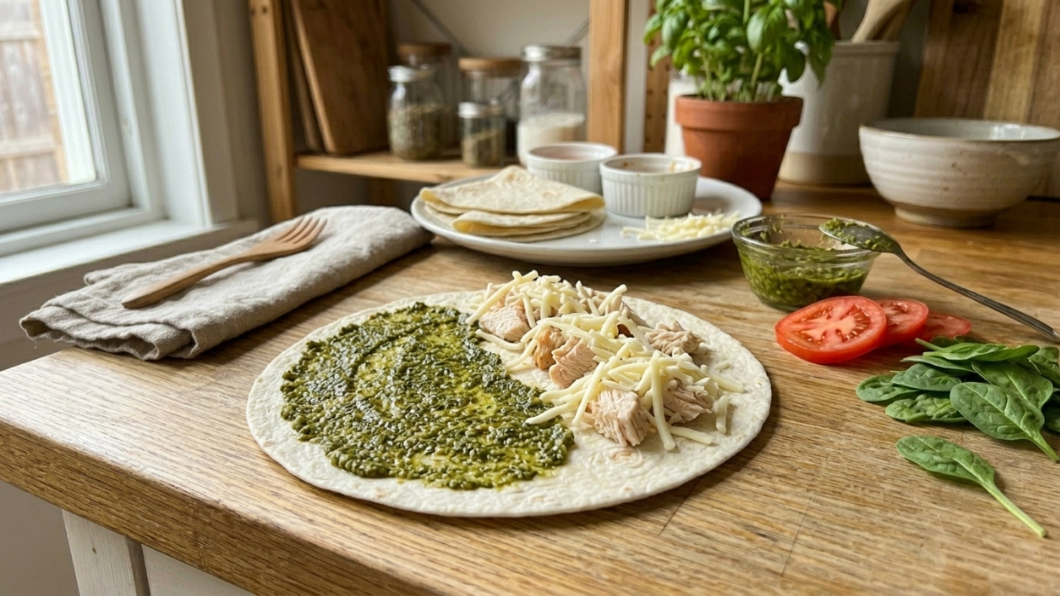 Chicken and pesto being added to a tortilla