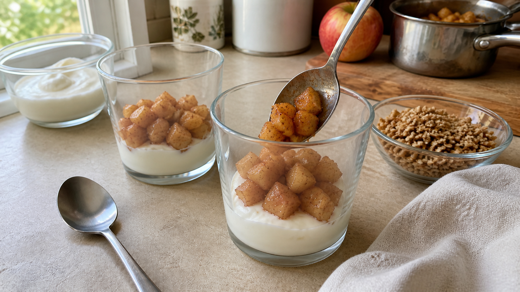 Cinnamon apples being spooned over yogurt in parfait glasses