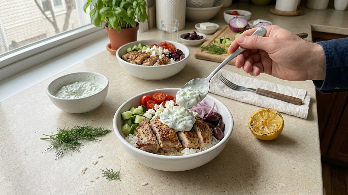 Tzatziki being spooned onto a Mediterranean chicken rice bowl