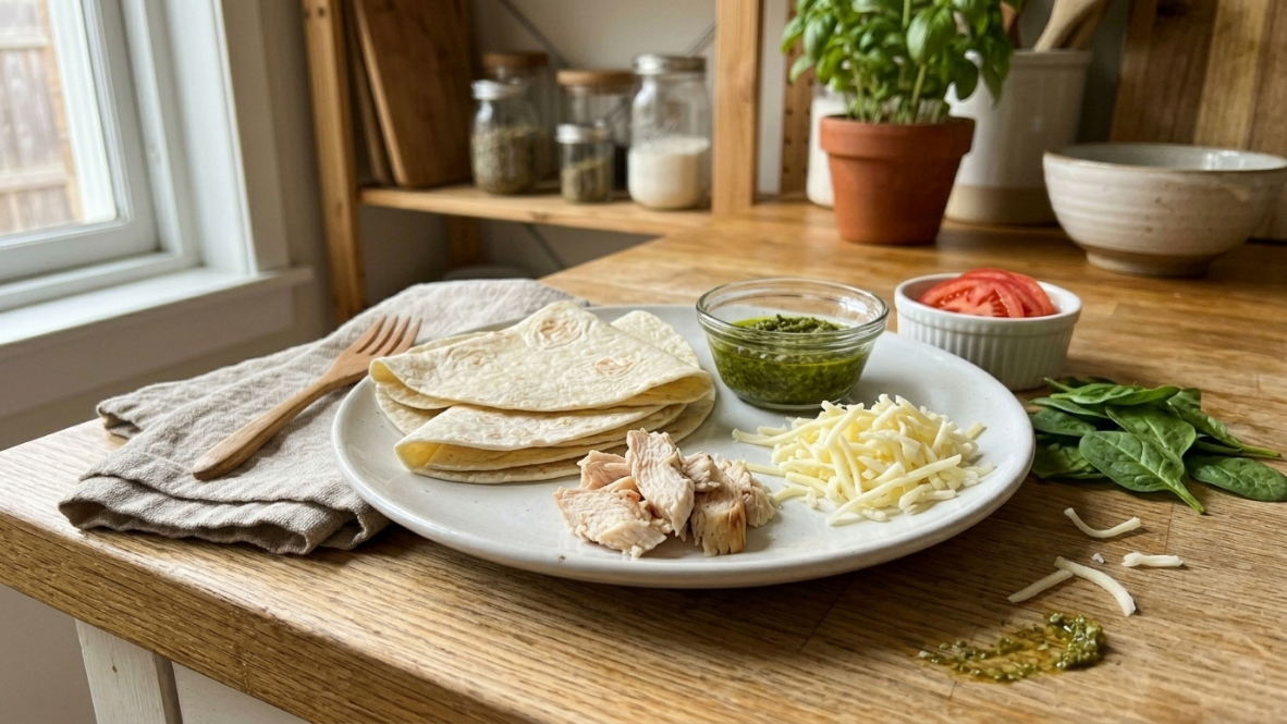 Ingredients for chicken pesto tortilla melts on counter