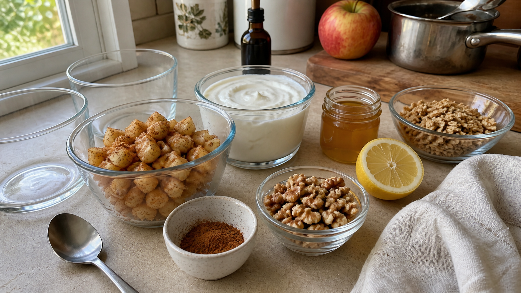 Apples, yogurt, cinnamon, honey, and granola on countertop