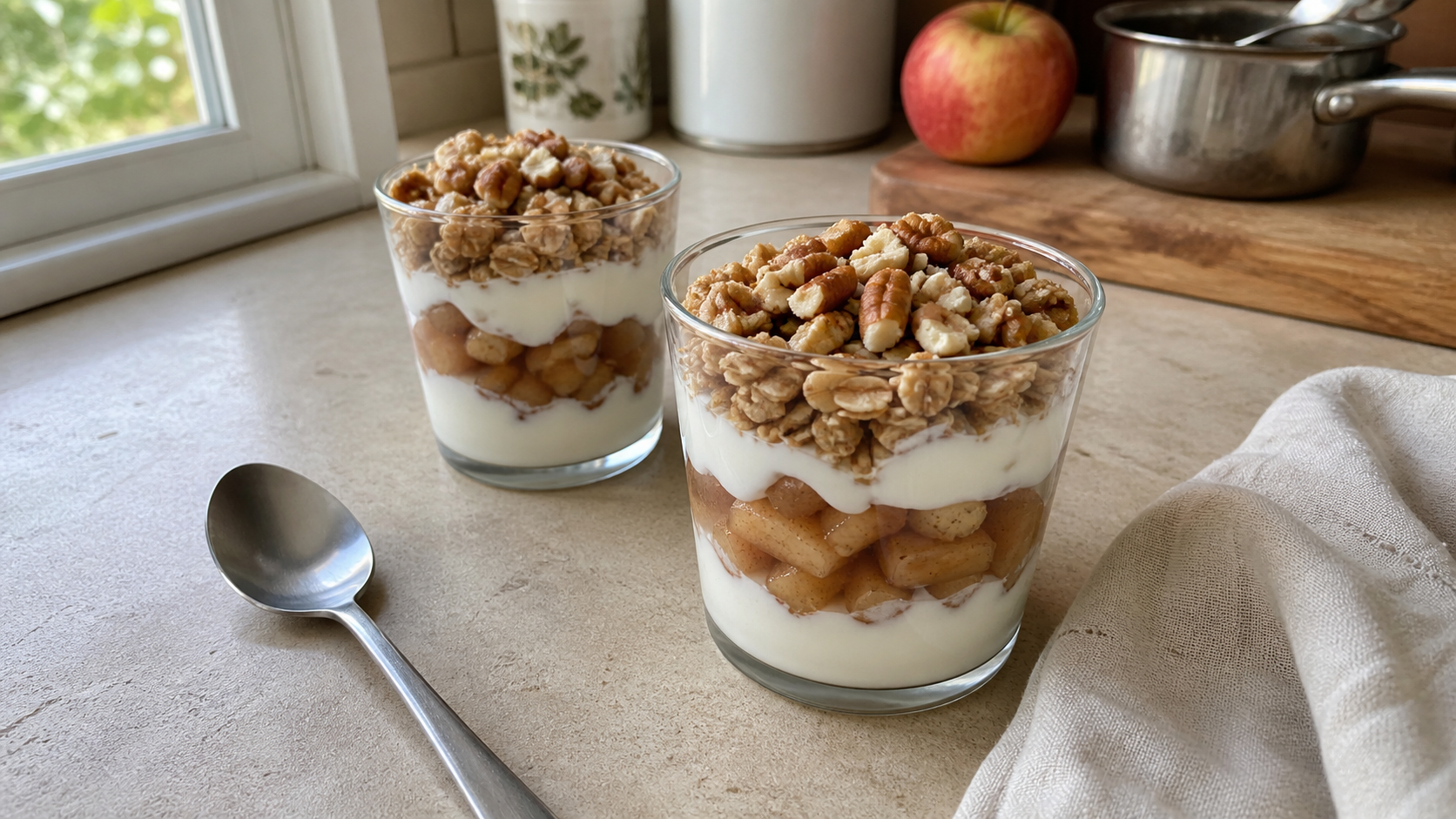 Cinnamon apple yogurt parfaits with granola in clear glasses