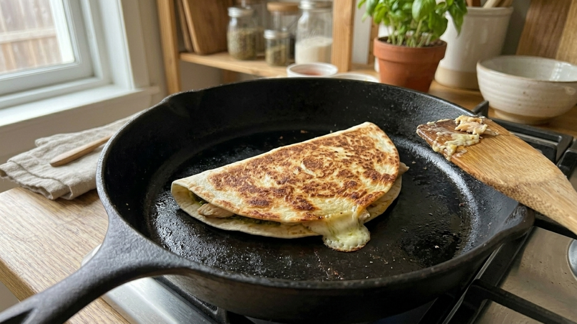 Chicken pesto tortilla melt cooking in a skillet
