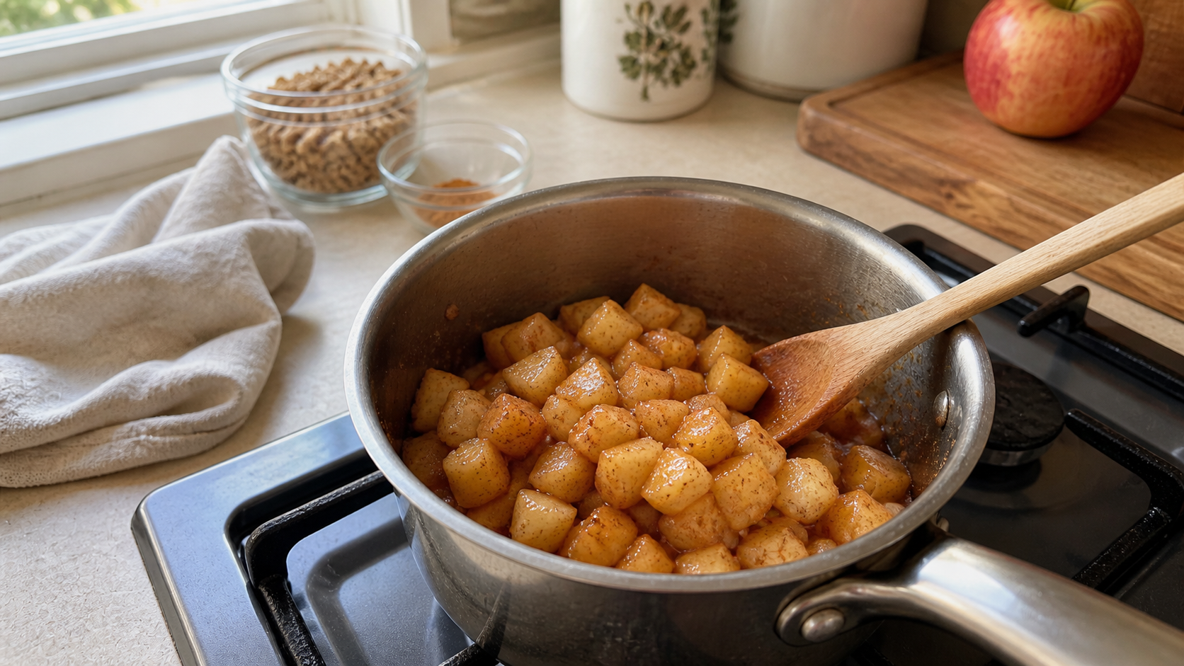 Diced cinnamon apples cooking in a small saucepan