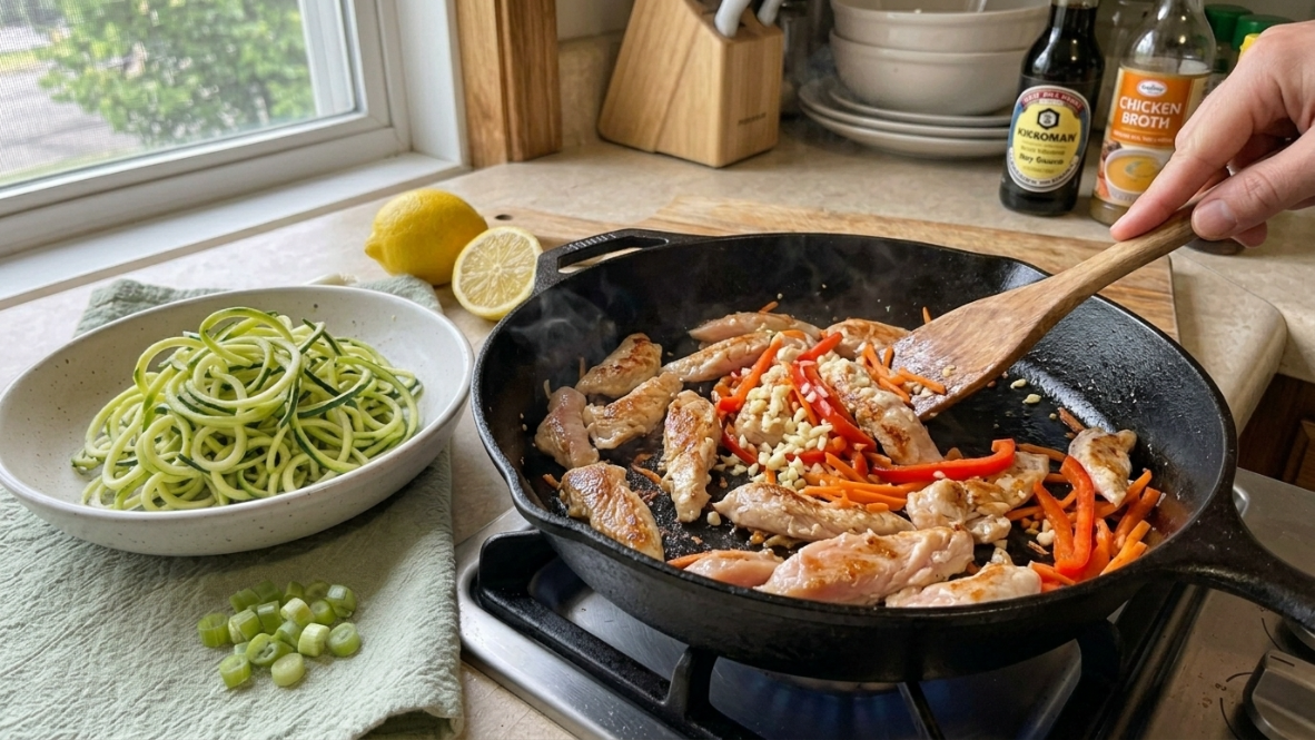 Garlic chicken and vegetables cooking in a skillet
