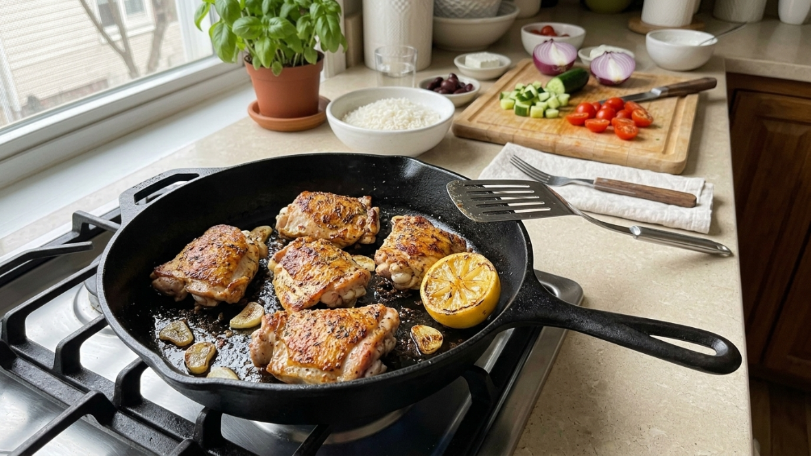 Seasoned chicken browning in a skillet for Mediterranean rice bowls