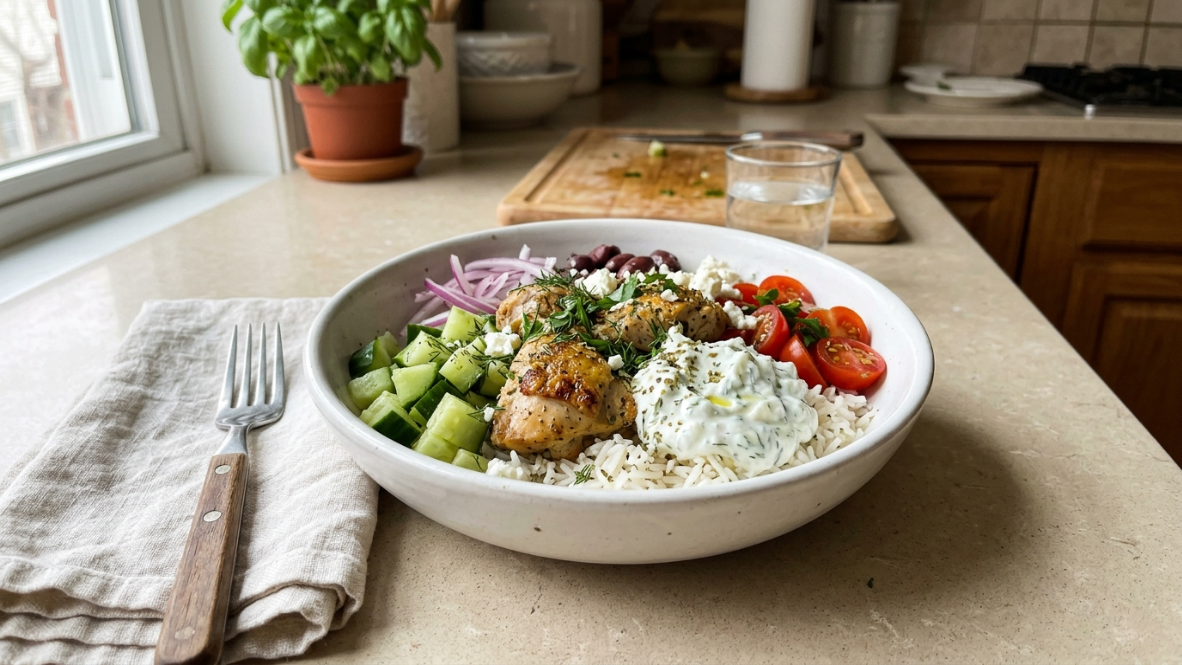Mediterranean chicken bowl with rice, vegetables, feta, and tzatziki