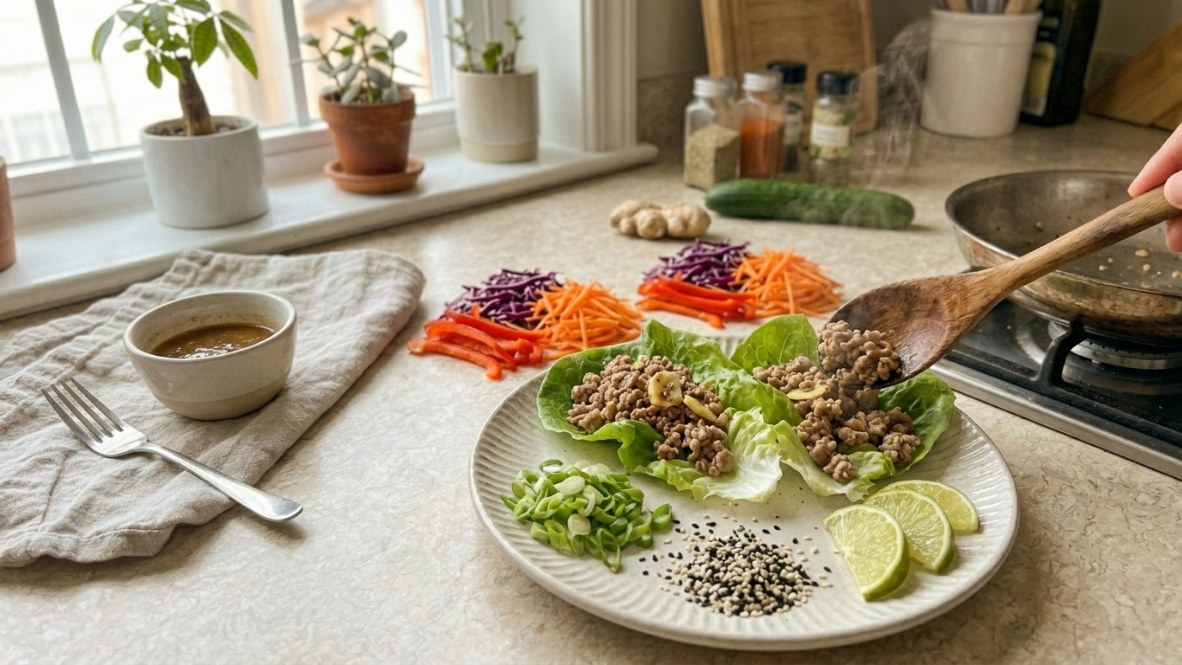 Ground turkey filling cooking in a skillet for lettuce wraps