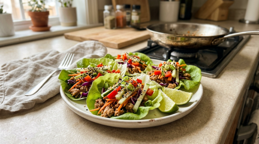 Turkey lettuce wraps with crunchy vegetables on a plate