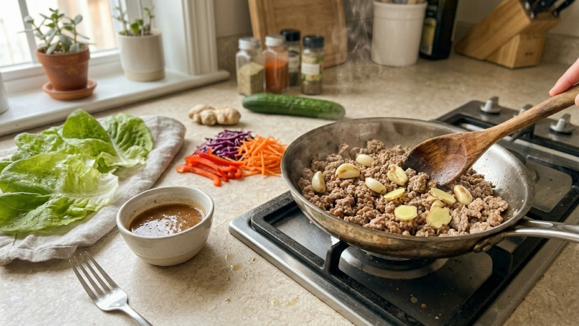 Ground turkey filling cooking in a skillet for lettuce wraps