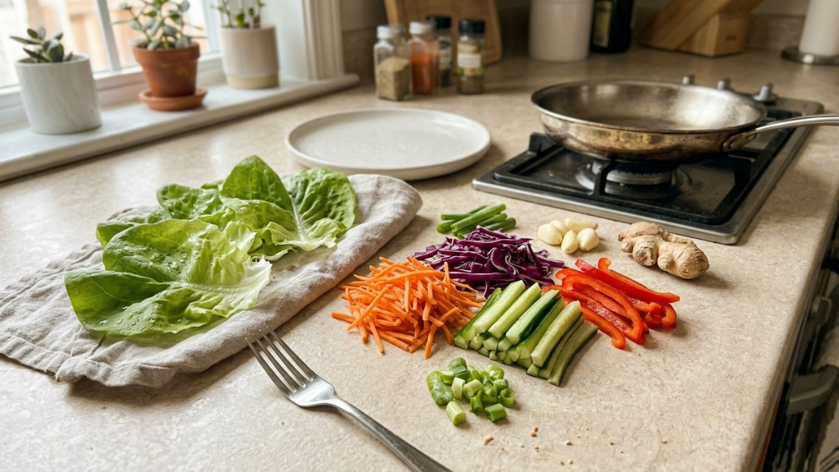 Fresh vegetables and lettuce prepared for turkey lettuce wraps