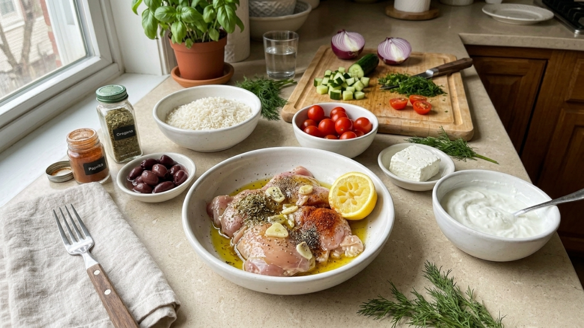 Ingredients for Mediterranean chicken bowls arranged on a kitchen counter
