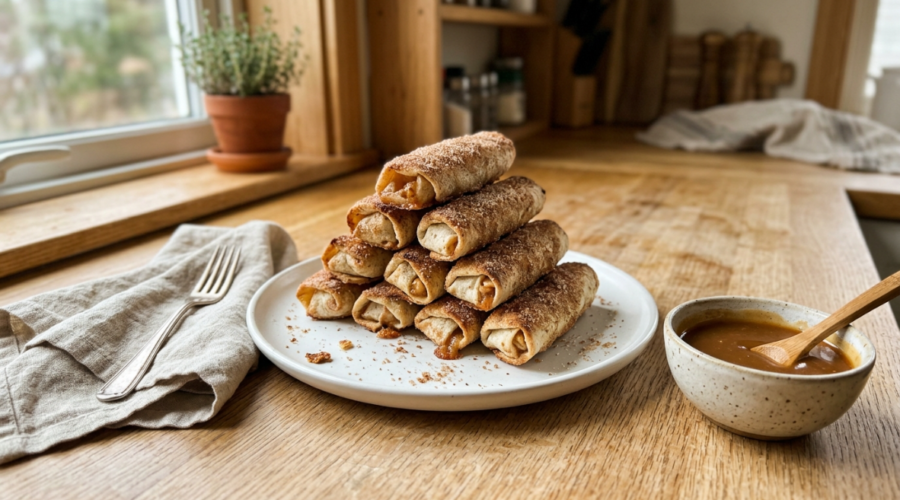 Mini apple pie tortilla rolls with cinnamon sugar on a plate