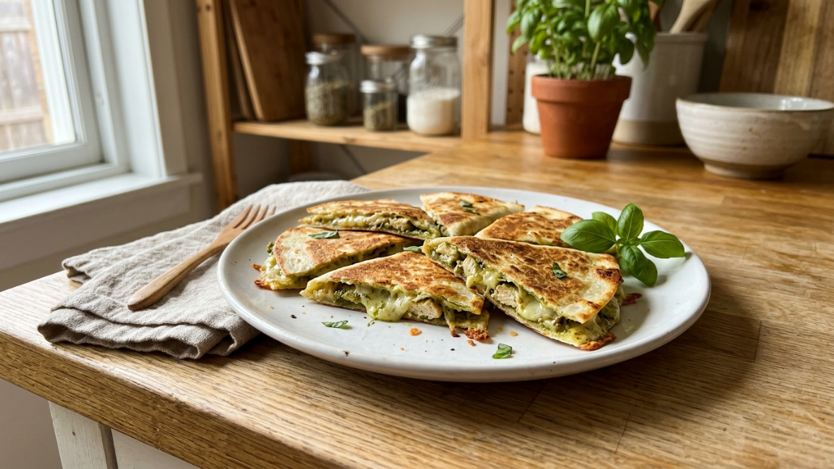 Chicken pesto tortilla melts sliced on a white plate