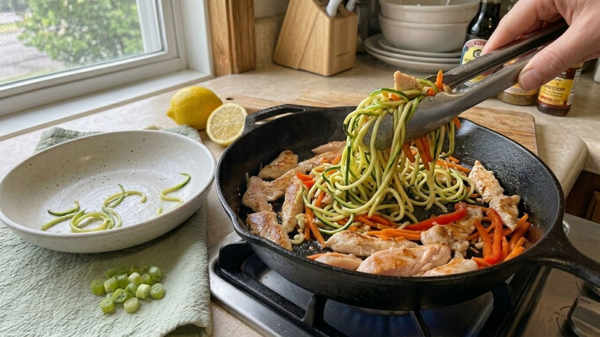 Zucchini noodles being tossed with garlic chicken in a skillet