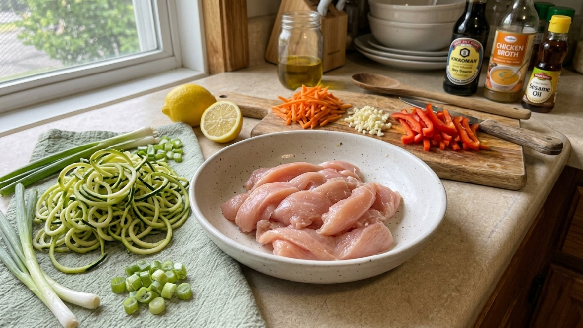 Prepared zucchini noodles, chicken, garlic, and vegetables on countertop